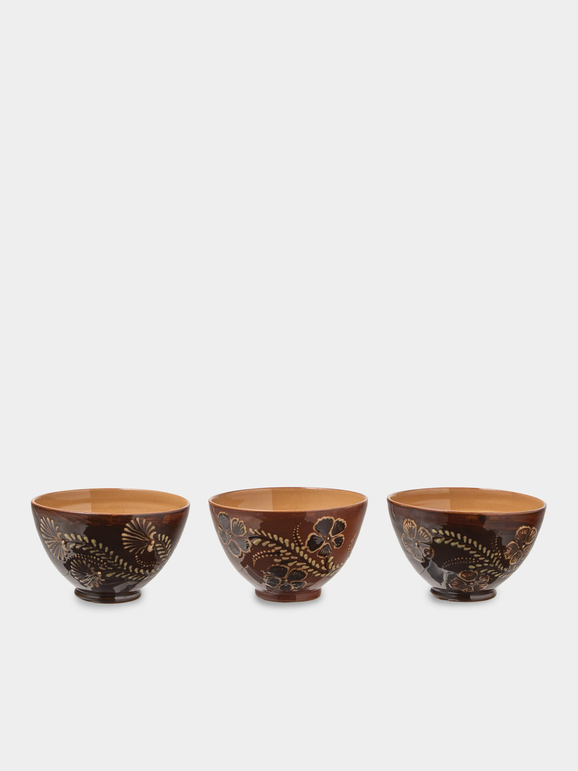 Poterie d’Évires - Flowers Hand-Painted Ceramic Bowls (Set of 3) - Dark brown - ABASK - 