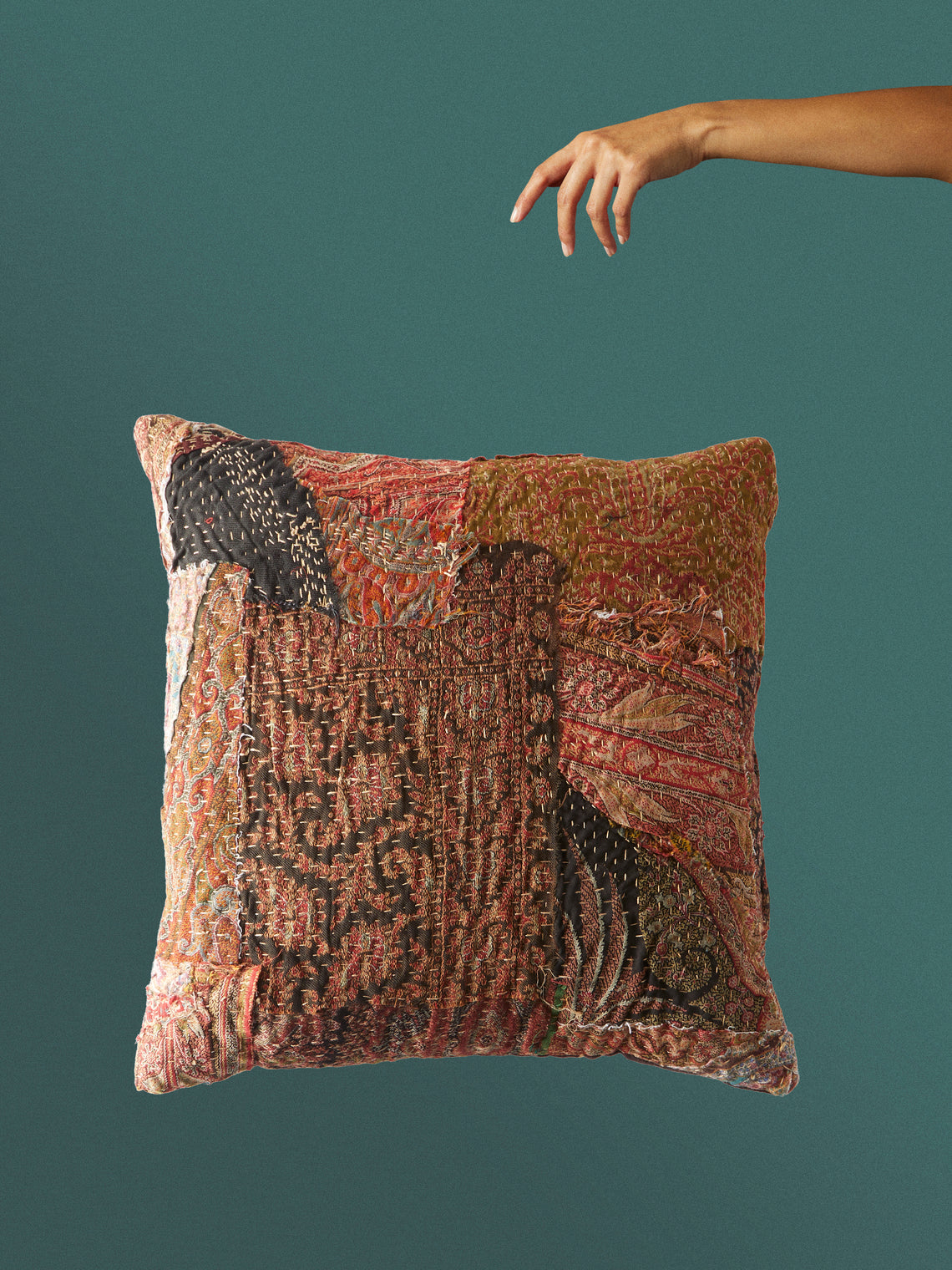 By Walid - 19th-Century Paisley Patchwork Wool and Damask Cushion (17.5in/45cm) - Multiple - ABASK