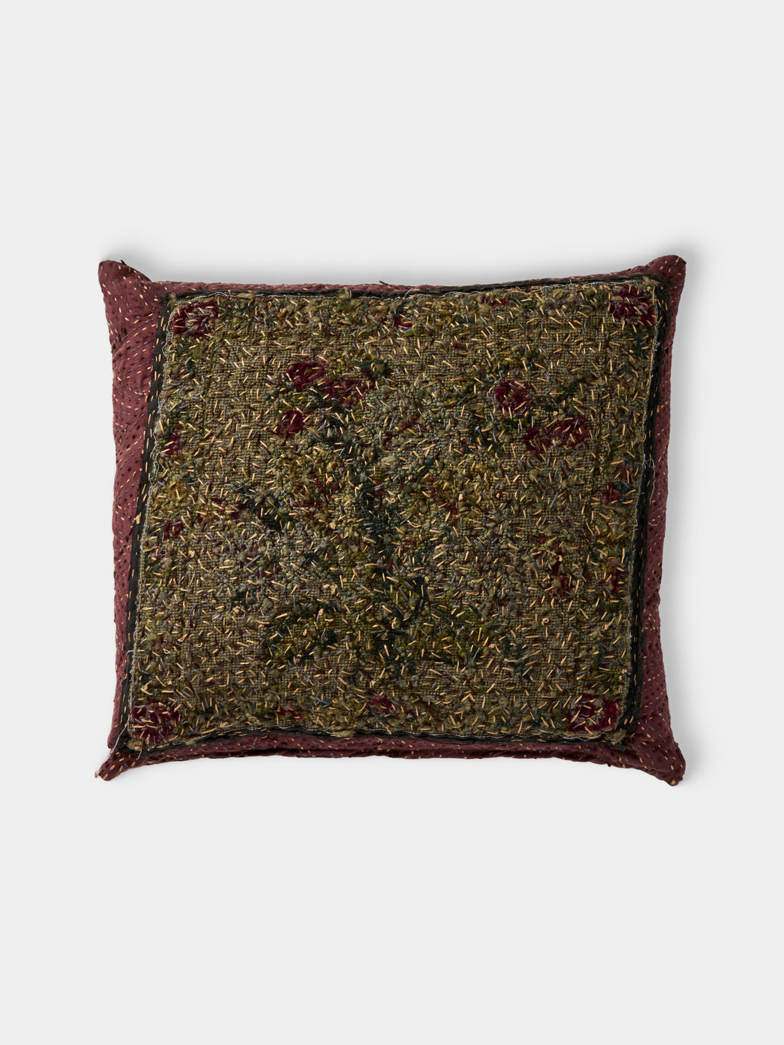 By Walid - 18th-Century Needlepoint Wool and Damask Cushion (17.5in/45cm) - Green - ABASK - 
