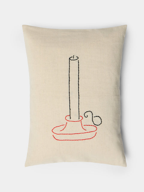 Oeuvres Sensibles - Candle Hand-Embroidered Cotton and Hemp Cushion (15.5in/40cm) - Cream - ABASK - 