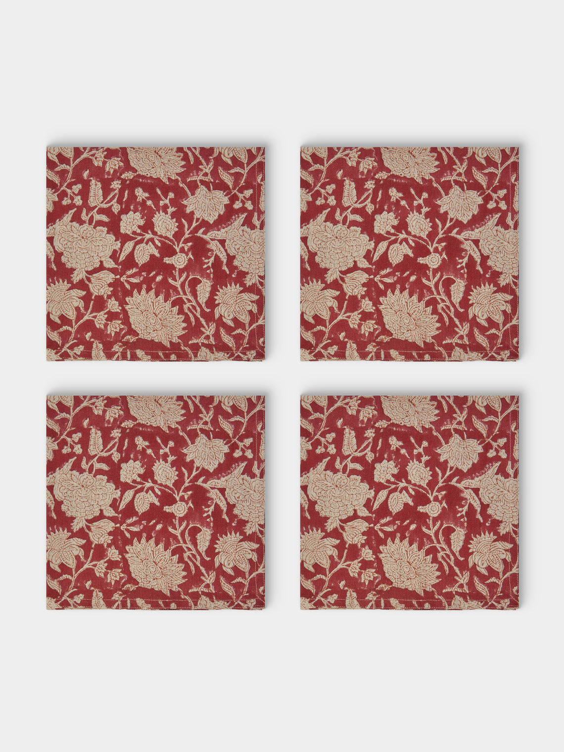 Chamois - | Set of 4 | Indian Rose Block-Printed Linen Napkins - Red - ABASK - 