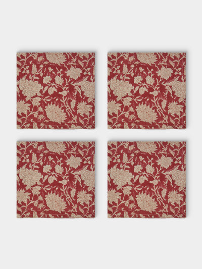 Chamois - | Set of 4 | Indian Rose Block-Printed Linen Napkins - Red - ABASK - 