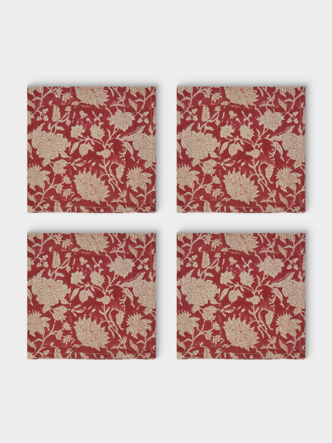 Chamois - | Set of 4 | Indian Rose Block-Printed Linen Napkins - Red - ABASK - 