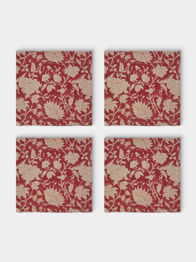 Chamois - | Set of 4 | Indian Rose Block-Printed Linen Napkins - Red - ABASK - 