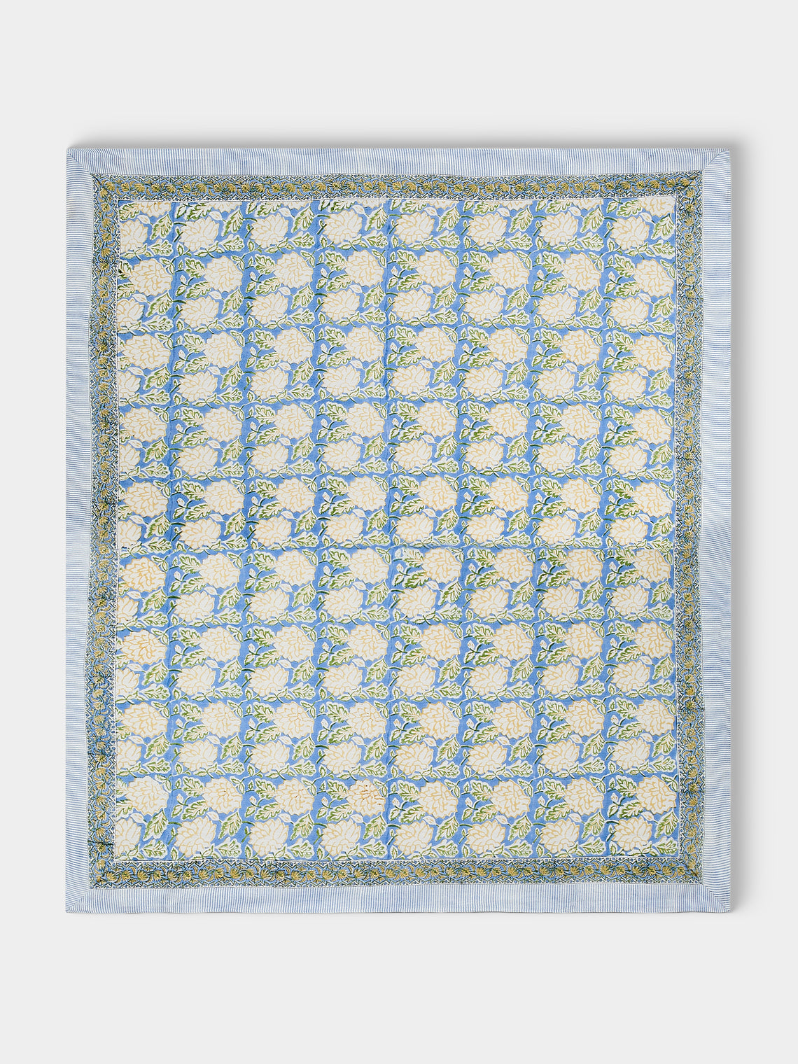 Chamois - Dahlia Block-Printed Linen Rectangular Tablecloth (106.5in/2.7m) - Blue - ABASK - 