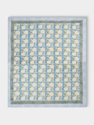 Chamois - Dahlia Block-Printed Linen Rectangular Tablecloth (106.5in/2.7m) - Blue - ABASK - 