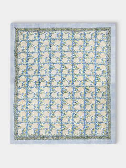 Chamois - Dahlia Block-Printed Linen Rectangular Tablecloth (106.5in/2.7m) - Blue - ABASK - 