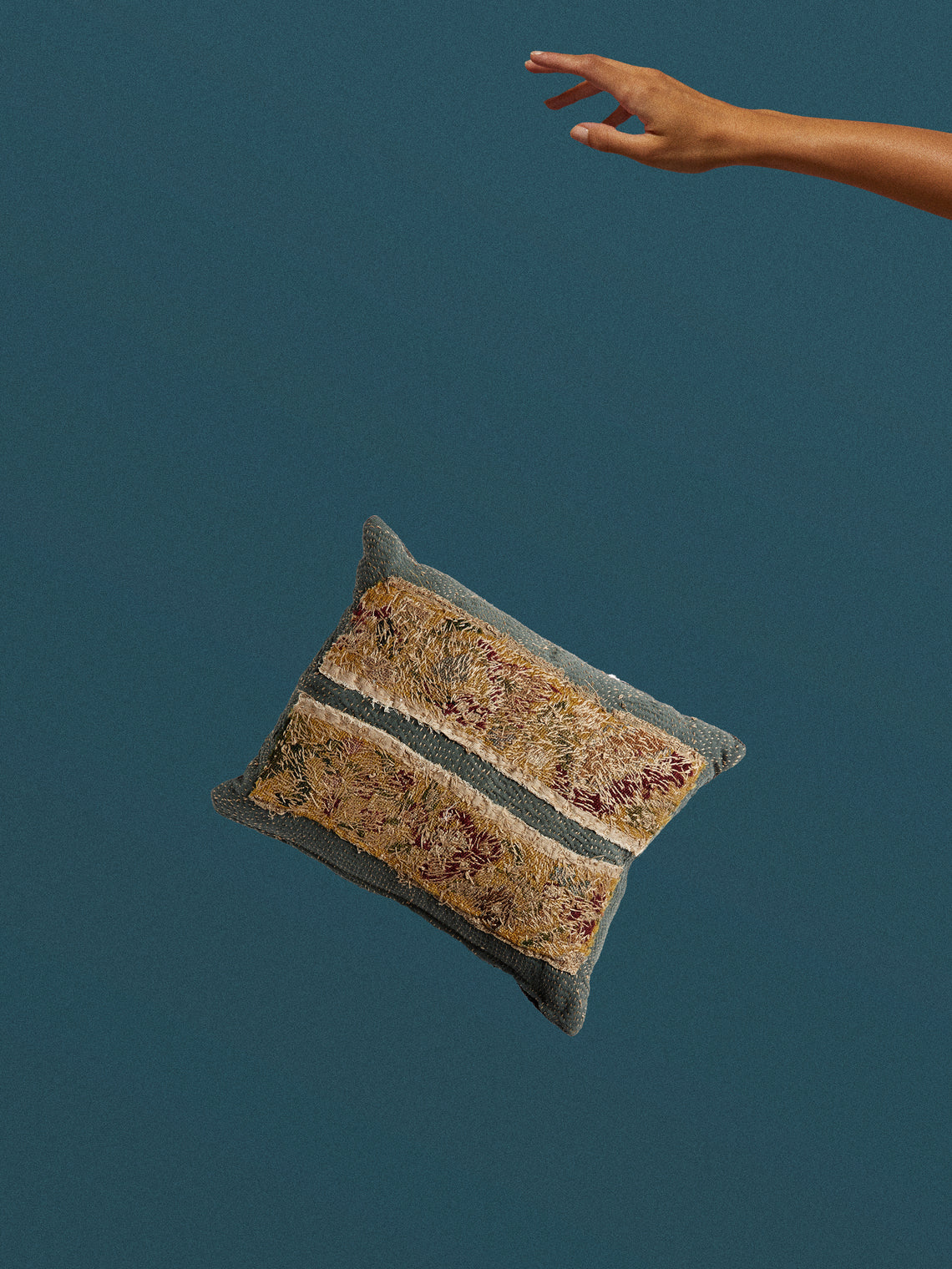 By Walid - 18th-Century Needlepoint Wool and Linen Cushion (17.5in/45cm) - Blue - ABASK