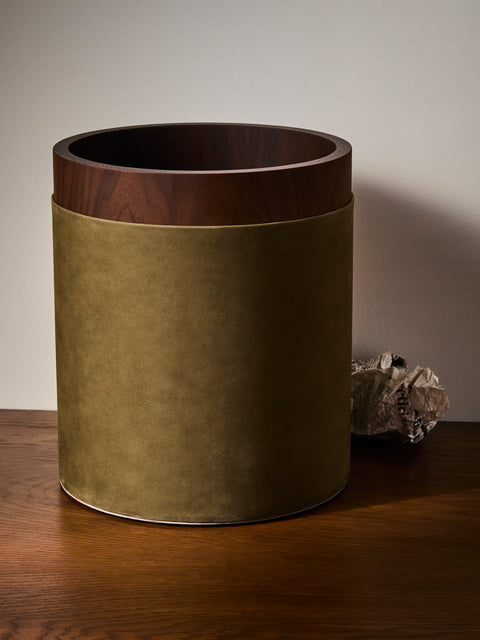 Riviere - Dama Walnut and Suede Wastepaper Bin - Green - ABASK