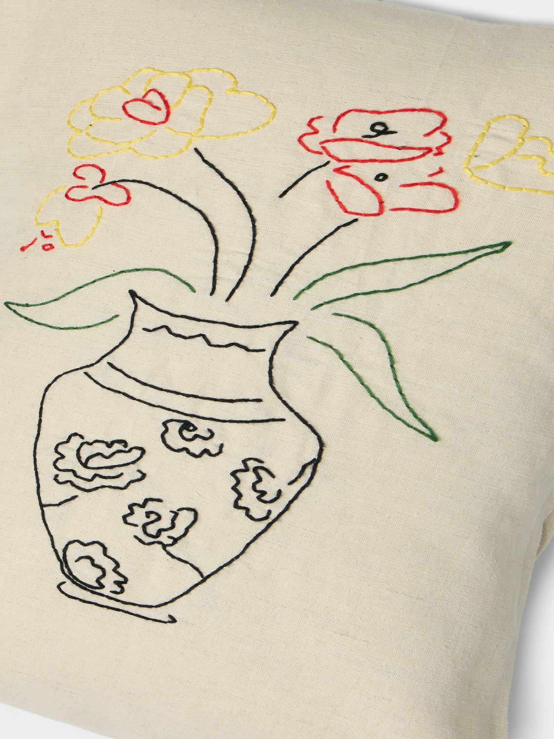 Oeuvres Sensibles - Vase Hand-Embroidered Cotton and Hemp Cushion (15.5in/40cm) - Cream - ABASK