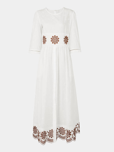 Loretta Caponi - Uva Embroidered Cotton Long Dress - White - ABASK - 