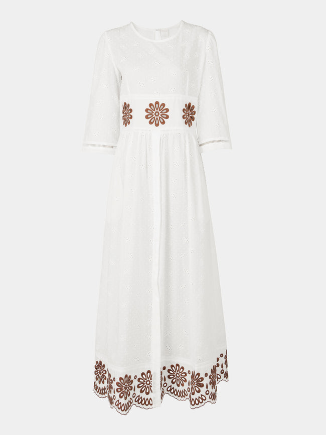 Loretta Caponi - Uva Embroidered Cotton Long Dress - White - ABASK - 