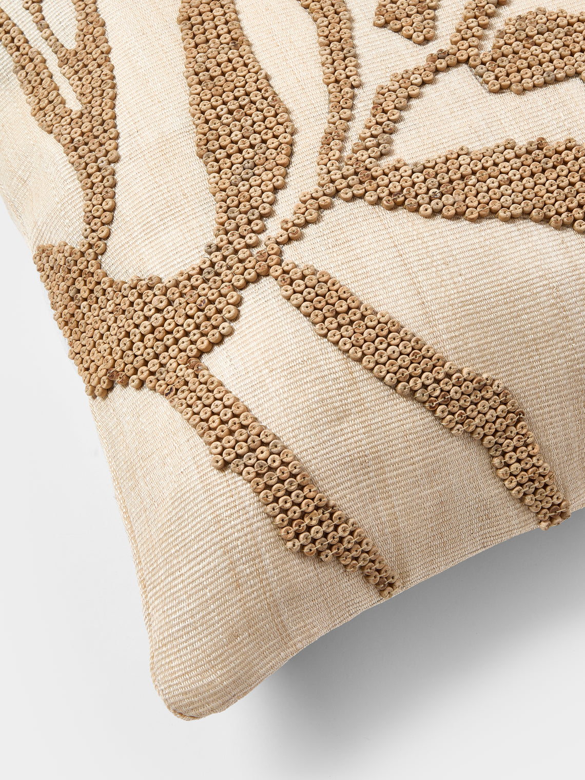 Kubo Curated - Leaves Beaded T'nalak Cloth Cushion (17.5in/45cm) - Beige - ABASK