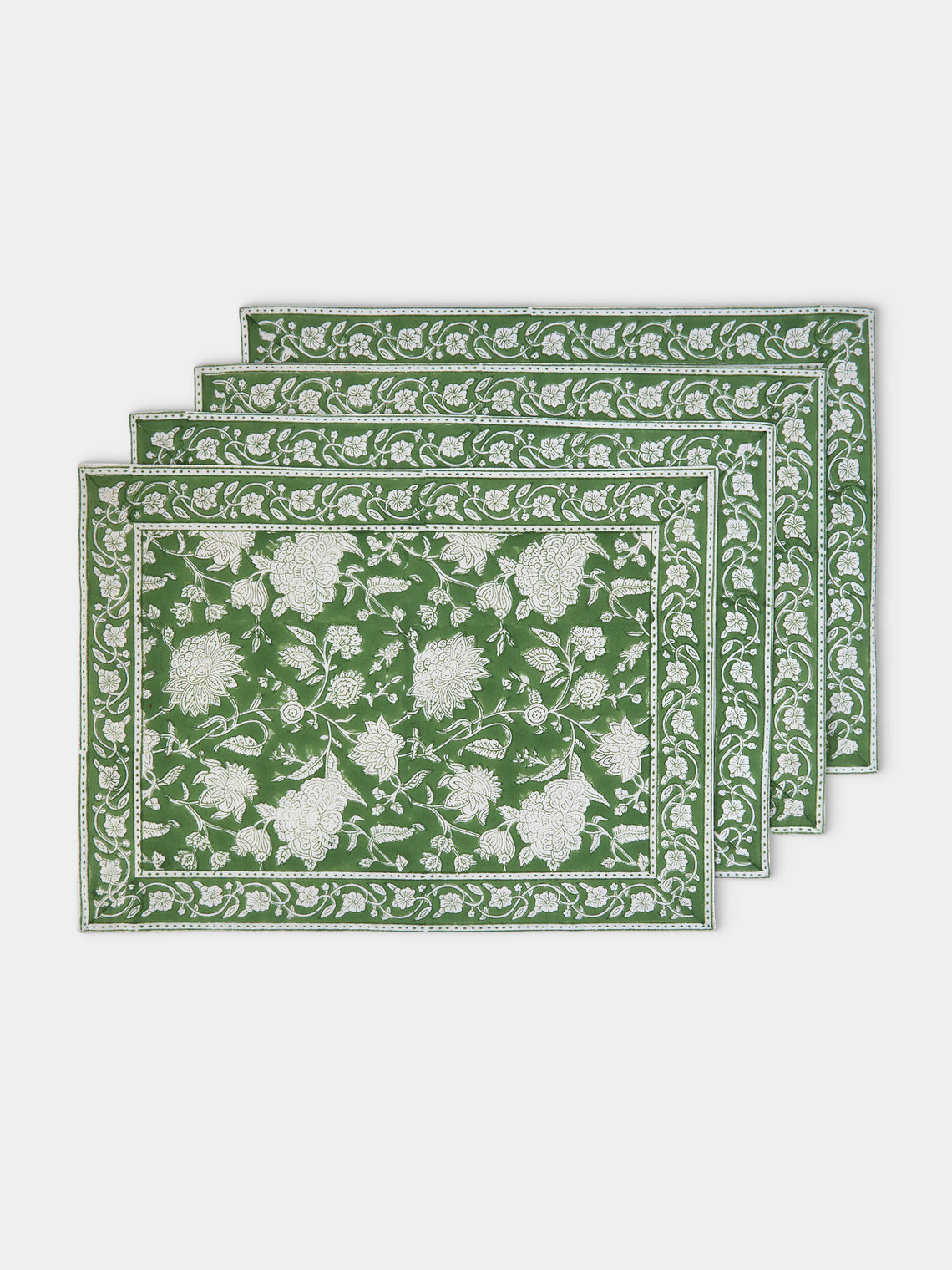 Chamois - Indian Rose Block-Printed Linen Placemats (Set of 4) - Green - ABASK - 