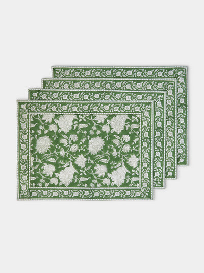 Chamois - Indian Rose Block-Printed Linen Placemats (Set of 4) - Green - ABASK - 