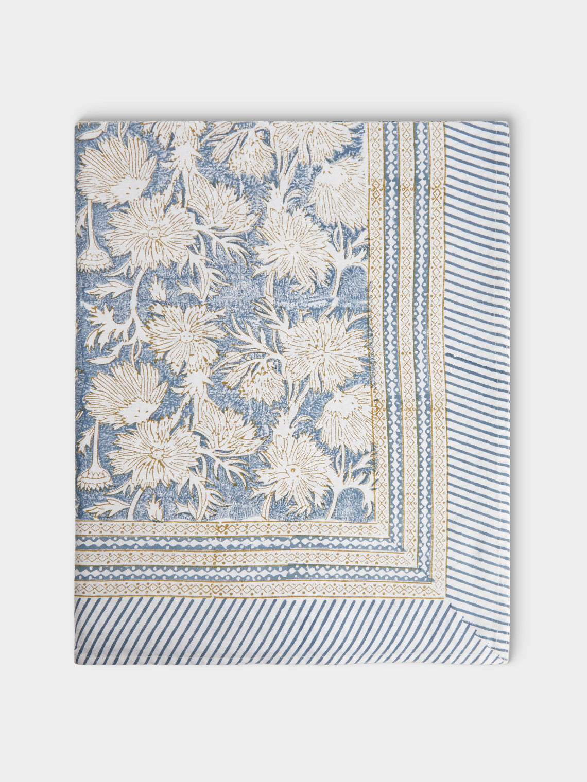 Chamois - Waterlily Block-Printed Cotton Rectangular Tablecloth (106.5in/2.7m) - Blue - ABASK - 