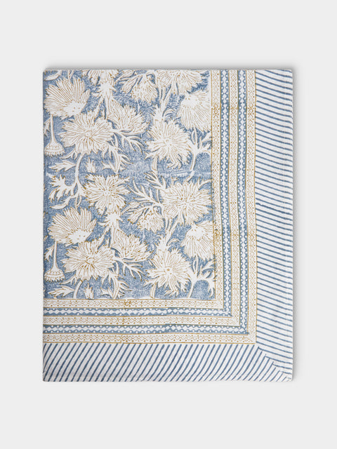 Chamois - Waterlily Block-Printed Cotton Rectangular Tablecloth (106.5in/2.7m) - Blue - ABASK - 