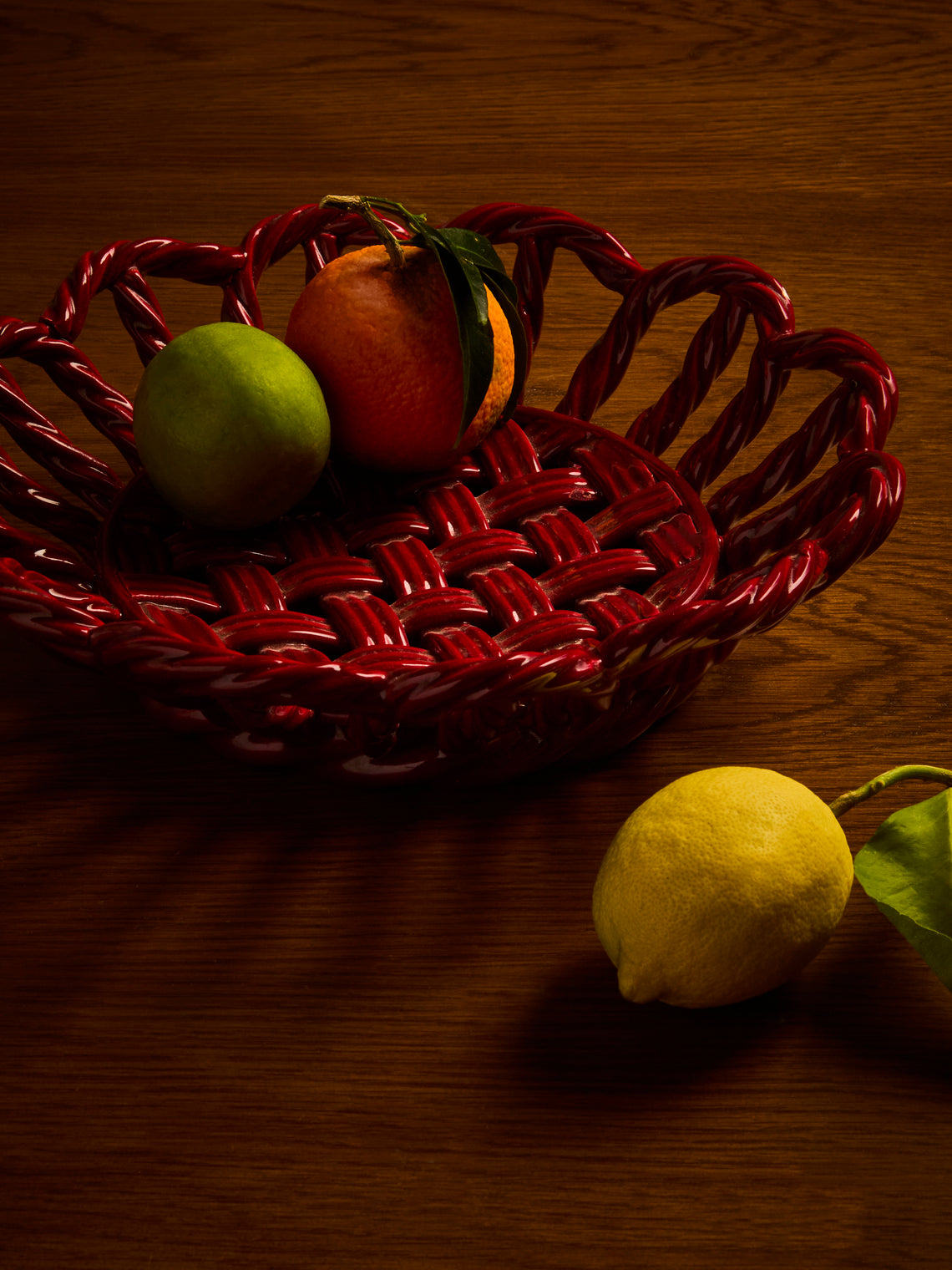 Antique and Vintage - Mid-Century Woven Ceramic Basket - Red - ABASK