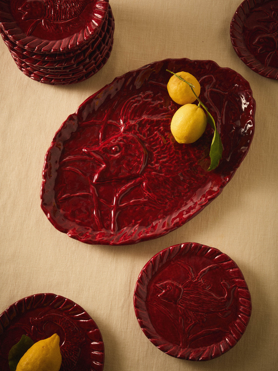 Antique and Vintage - 1950s Jerome Massier Ceramic Lobster Platter with Dinner Plates (Set of 12) - Red - ABASK