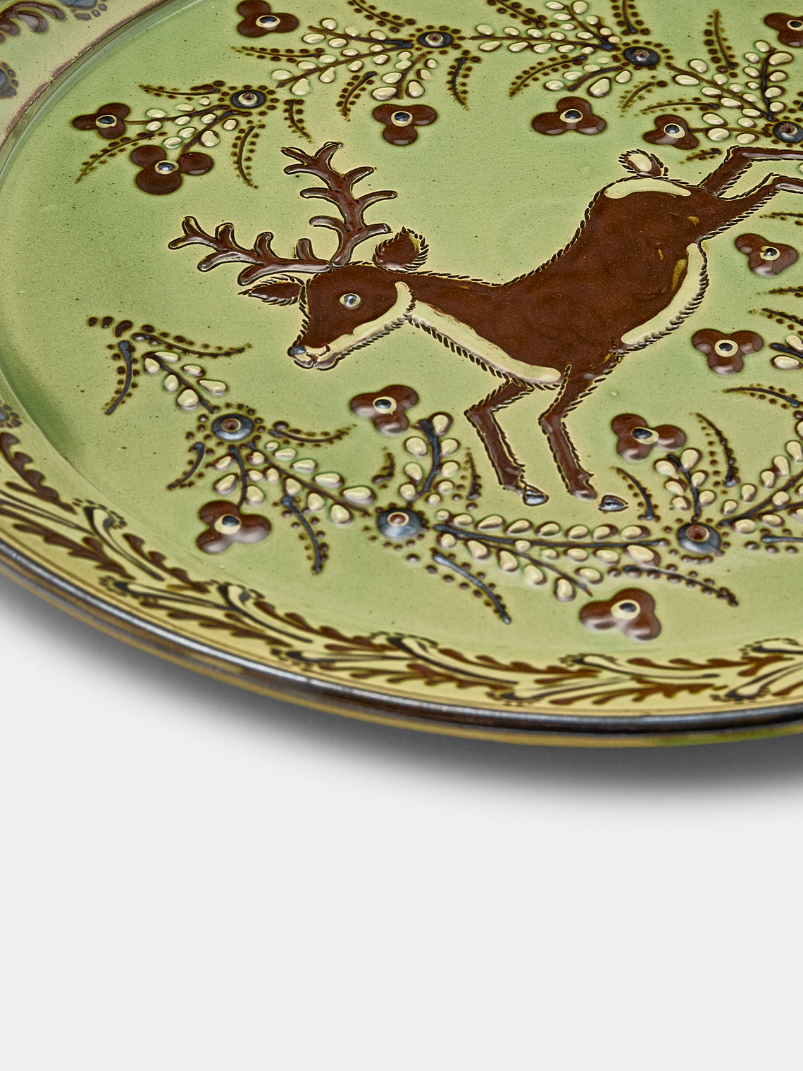 Poterie d’Évires - Deer Hand-Painted Ceramic Round Platter - Green - ABASK