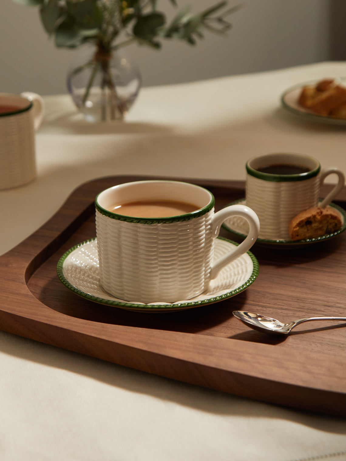 Wicker Hand-Painted Ceramic Teacups and Saucers (Set of 4)