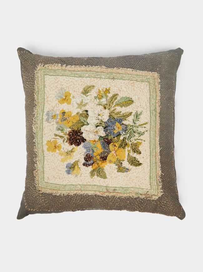 By Walid - 1940s Floral Woollen Needlepoint Cushion -  - ABASK - 