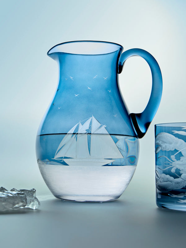 Artel - Golden Age of Yachting Hand-Engraved Crystal Jug - Blue - ABASK