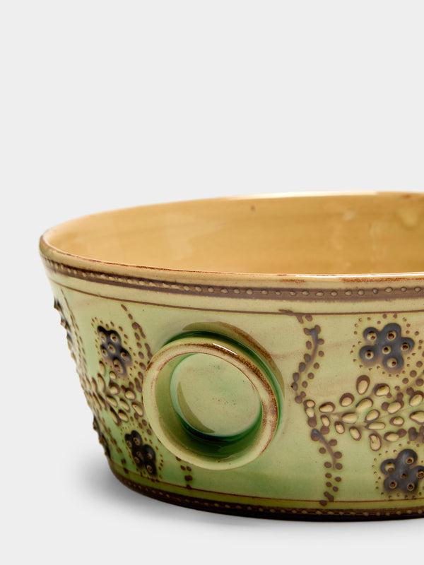 Poterie d’Évires - Flowers Hand-Painted Ceramic Small Handled Serving Bowl - Green - ABASK