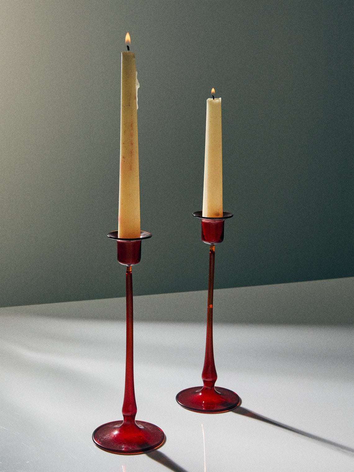 Antique and Vintage - Mid-Century Glass Candle Holders (Set of 2) - Red - ABASK
