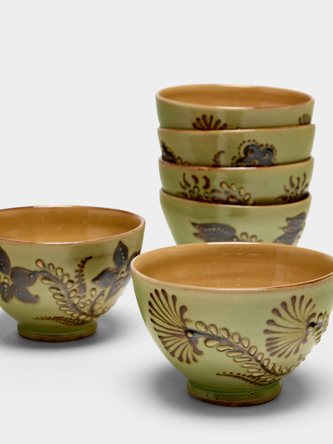Poterie d’Évires - Flowers Hand-Painted Ceramic Petite Bowls (Set of 6) - Green - ABASK