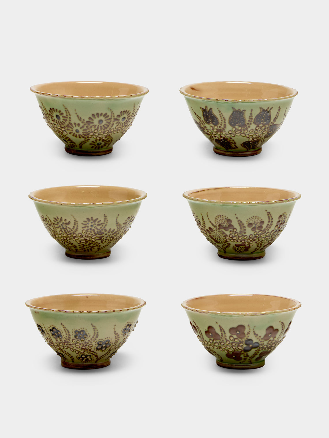 Poterie d’Évires - Flowers Hand-Painted Ceramic Petite Fluted Bowls (Set of 6) - Green - ABASK