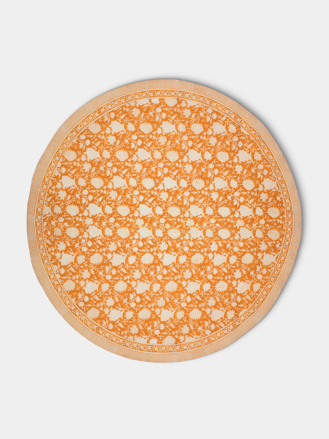 Chamois - Indian Rose Block-Printed Cotton Round Tablecloth - Orange - ABASK - 