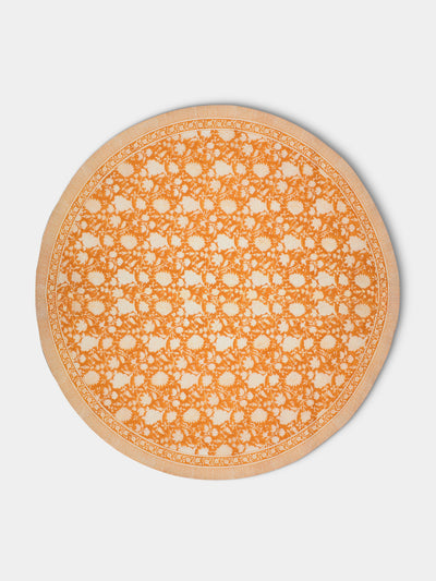 Chamois - Indian Rose Block-Printed Cotton Round Tablecloth - Orange - ABASK - 