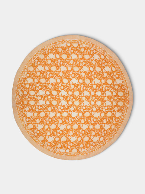 Chamois - Indian Rose Block-Printed Cotton Round Tablecloth - Orange - ABASK - 