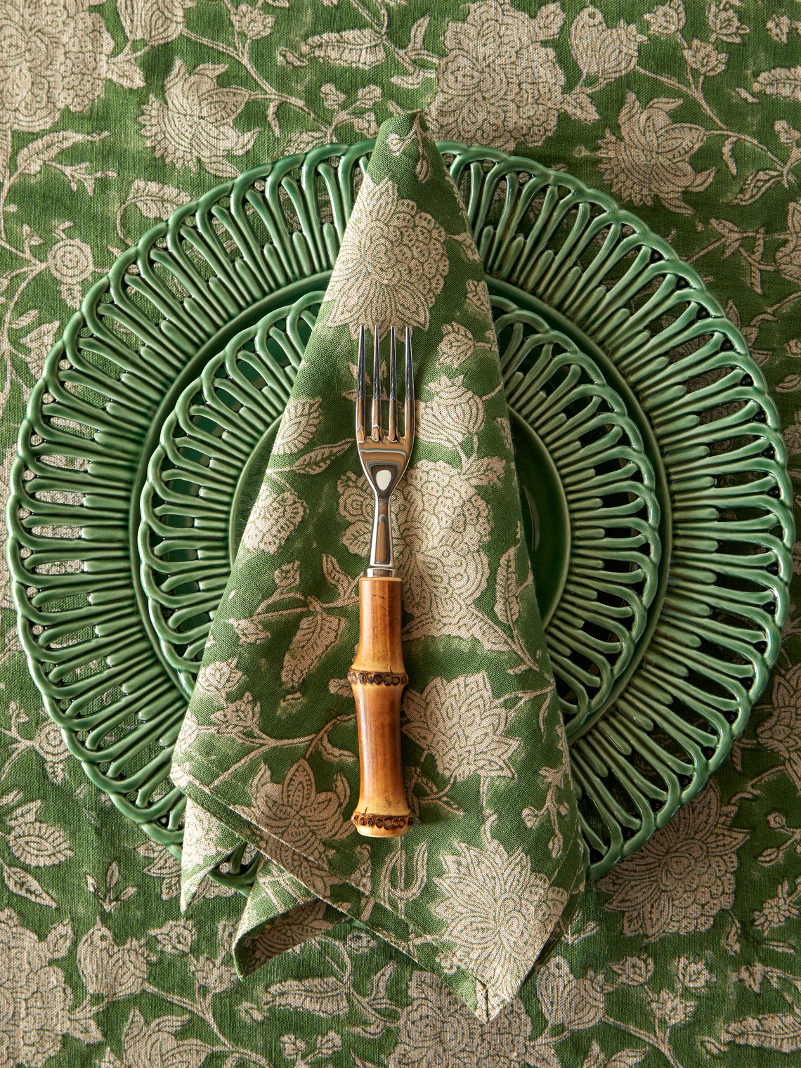 Chamois - Indian Rose Block-Printed Linen Napkins (Set of 4) - Green - ABASK