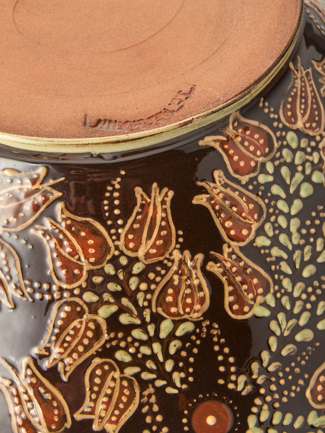 Poterie d’Évires - Flowers Hand-Painted Ceramic Grand Salad Bowl - Dark Brown - ABASK