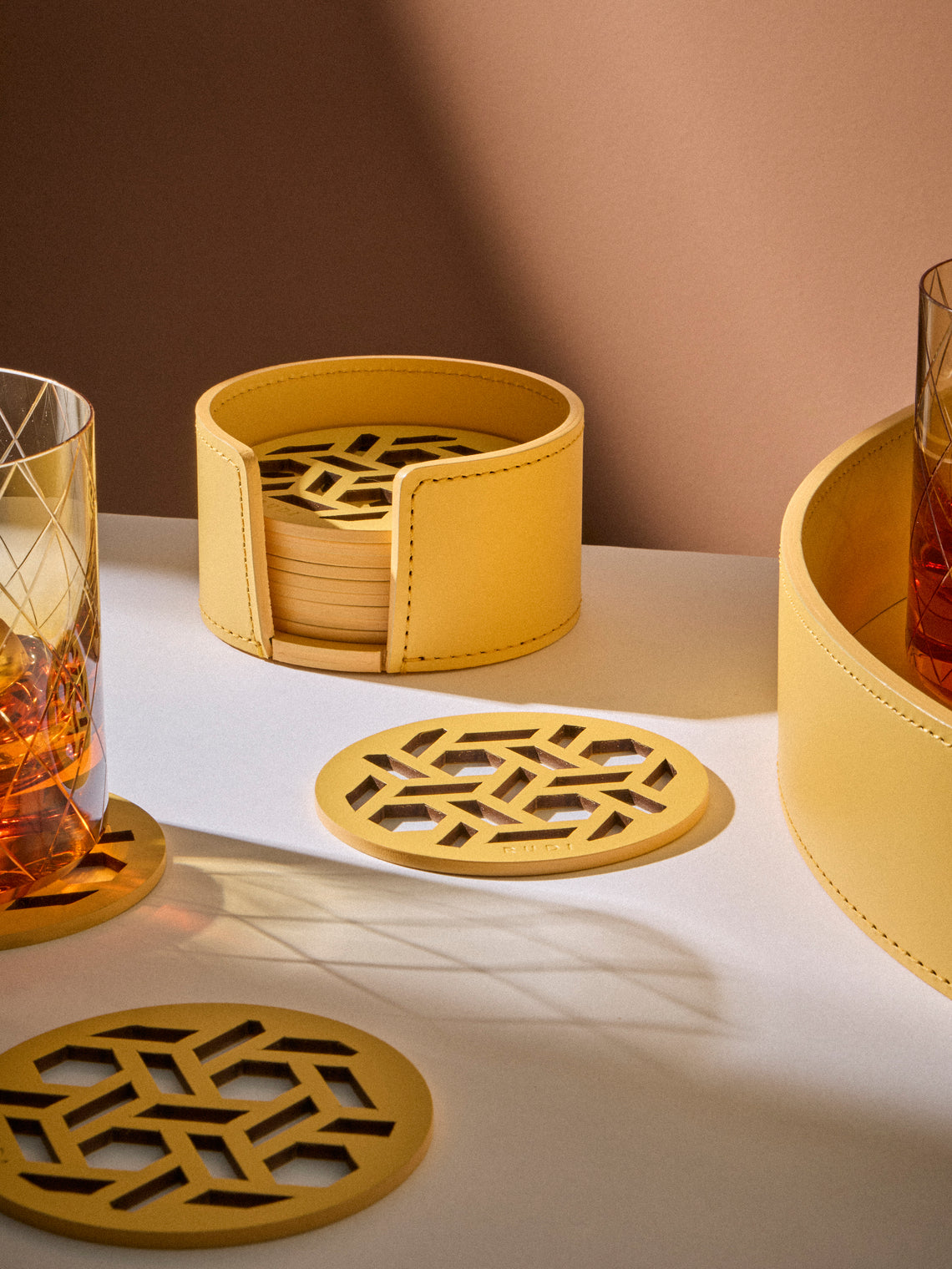 RUDI - | Set of 12 | Acquerello Leather Coasters with Holder - Yellow - ABASK