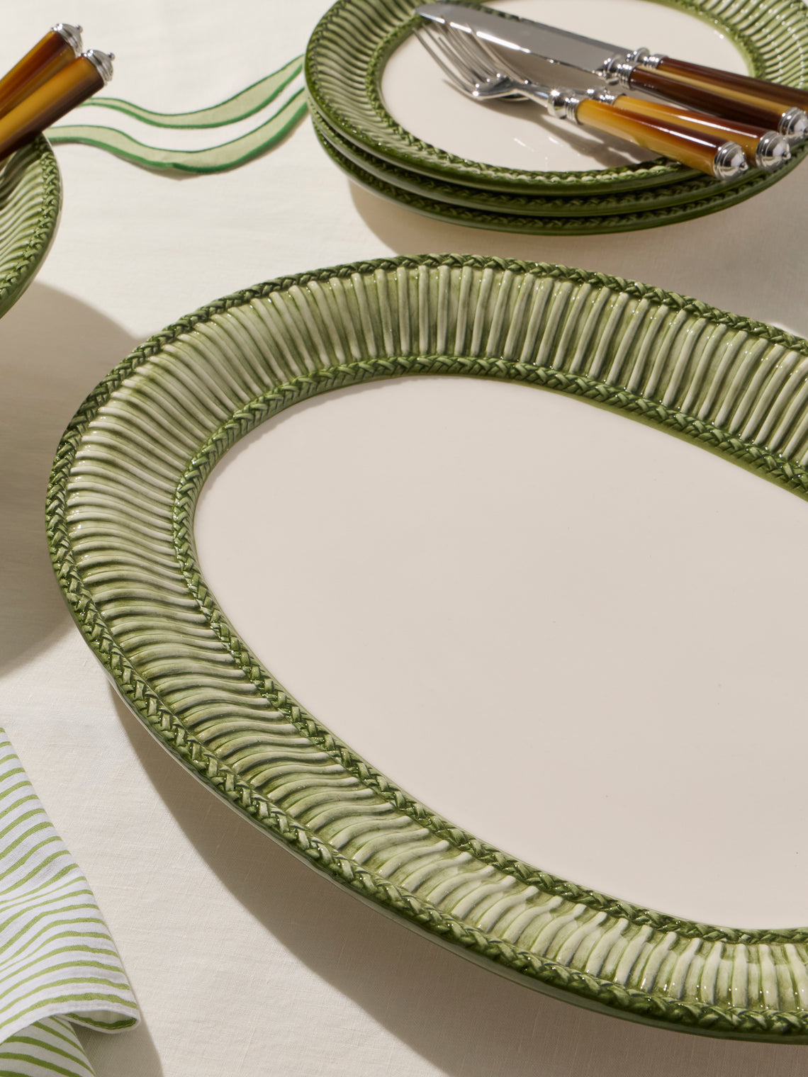 Tessalume Ceramiche - Wicker Hand-Painted Ceramic Oval Platter - Light Green - ABASK