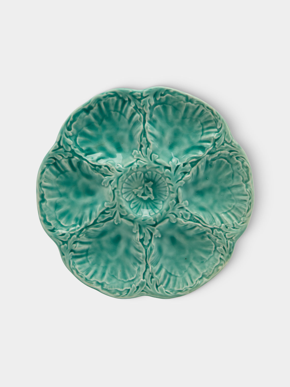 Antique and Vintage - Mid-Century Cabbage Majolica Ceramic Oyster Plates – 9.5in/24cm (Set of 10) - Green - ABASK