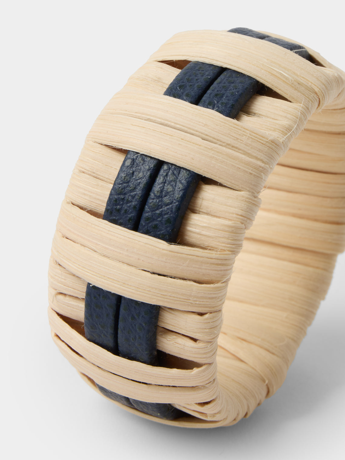 Pigment France - | Set of 4 | Anglet Leather and Rattan Napkin Rings - Blue - ABASK