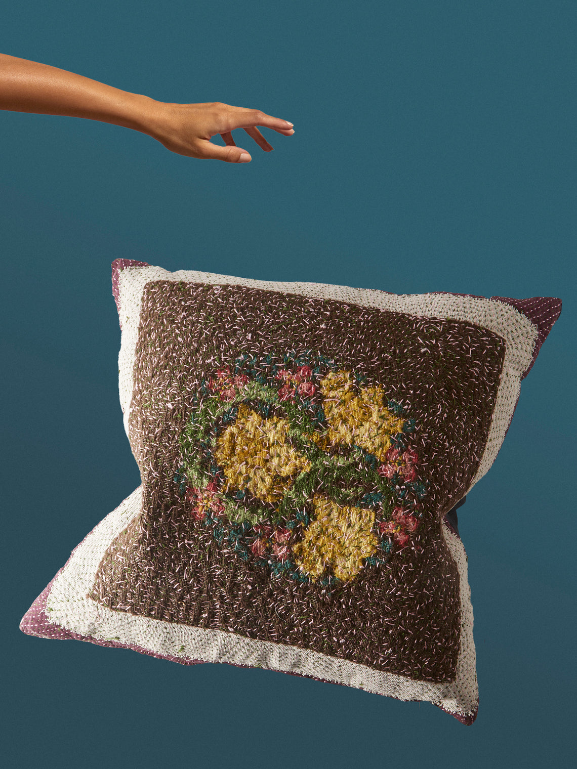By Walid - 1920s Needlepoint Wool, Linen and Damask Cushion (23.5in/60cm) - Multiple - ABASK