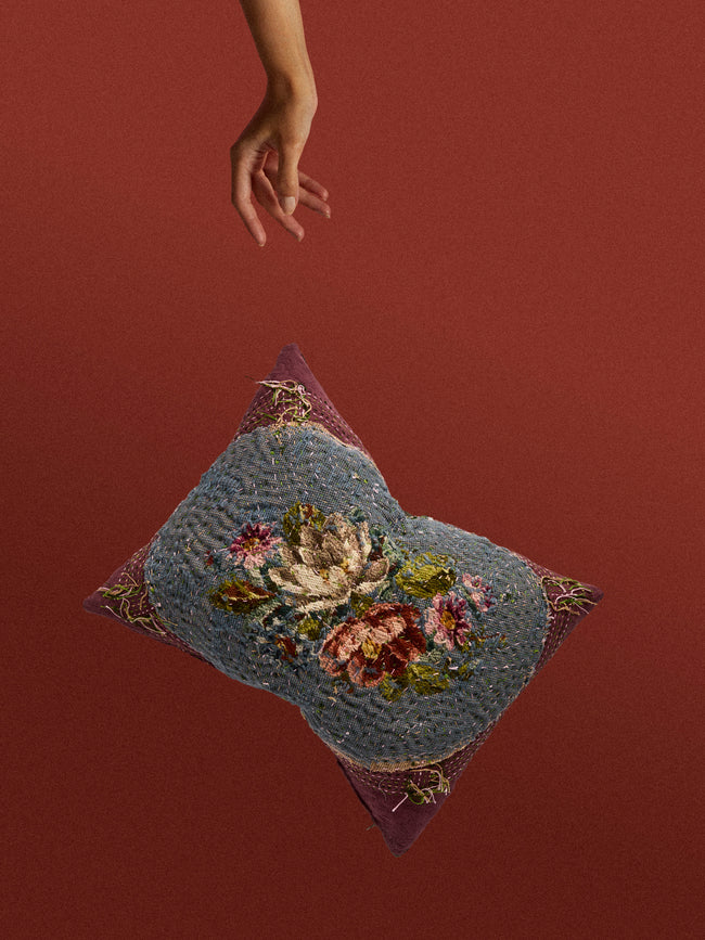 By Walid - 19th-Century Needlepoint Wool and Damask Cushion (19.5in/50cm) - Multiple - ABASK