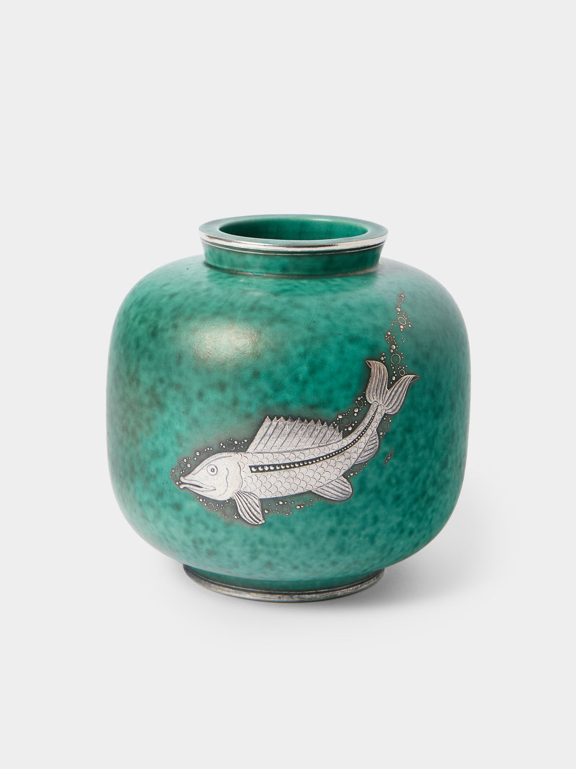 Antique and Vintage - 1940 Wilhelm Kåge Argenta Fish Stoneware Vase (6.5in/17cm) - Blue - ABASK - 