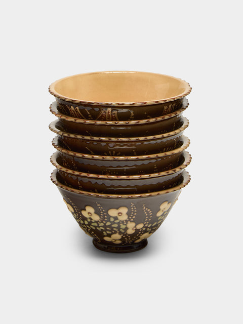 Poterie d’Évires - Flowers Hand-Painted Ceramic Petite Fluted Bowls (Set of 6) - Dark brown - ABASK - 