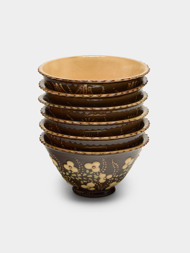 Poterie d’Évires - Flowers Hand-Painted Ceramic Petite Fluted Bowls (Set of 6) - Dark brown - ABASK - 