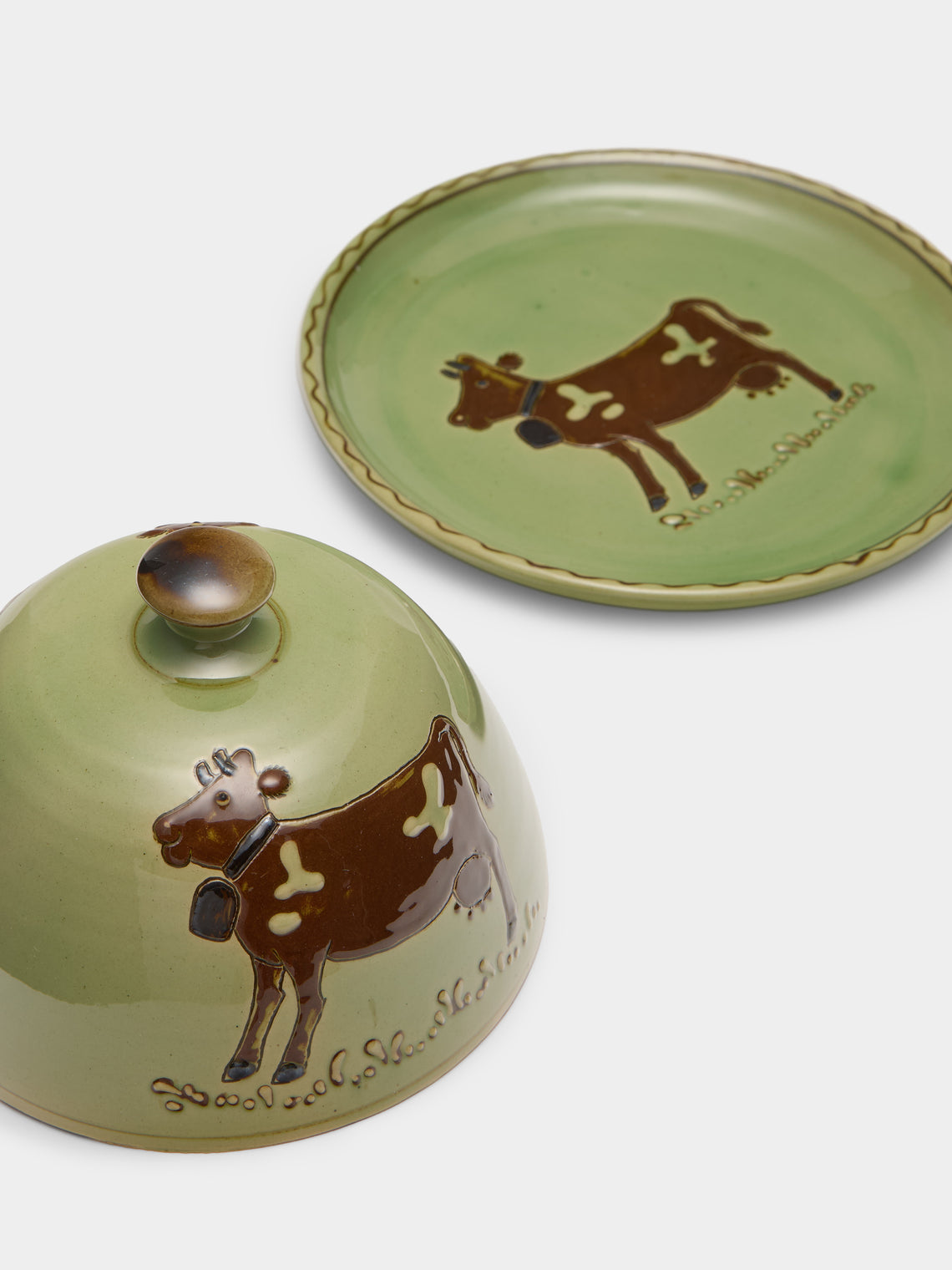 Poterie d’Évires - Cows Hand-Painted Ceramic Large Lidded Butter Dish - Green - ABASK