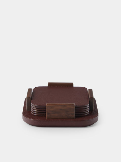Giobagnara x Poltrona Frau - Leather and Walnut Coasters with Holder (Set of 6) - Burgundy - ABASK - 