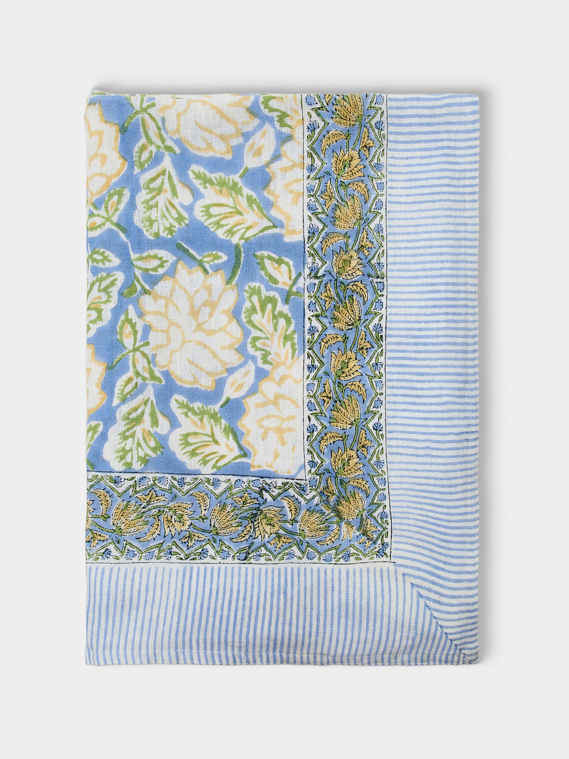 Chamois - Dahlia Block-Printed Linen Rectangular Tablecloth (90.5in/2.3m) - Blue - ABASK