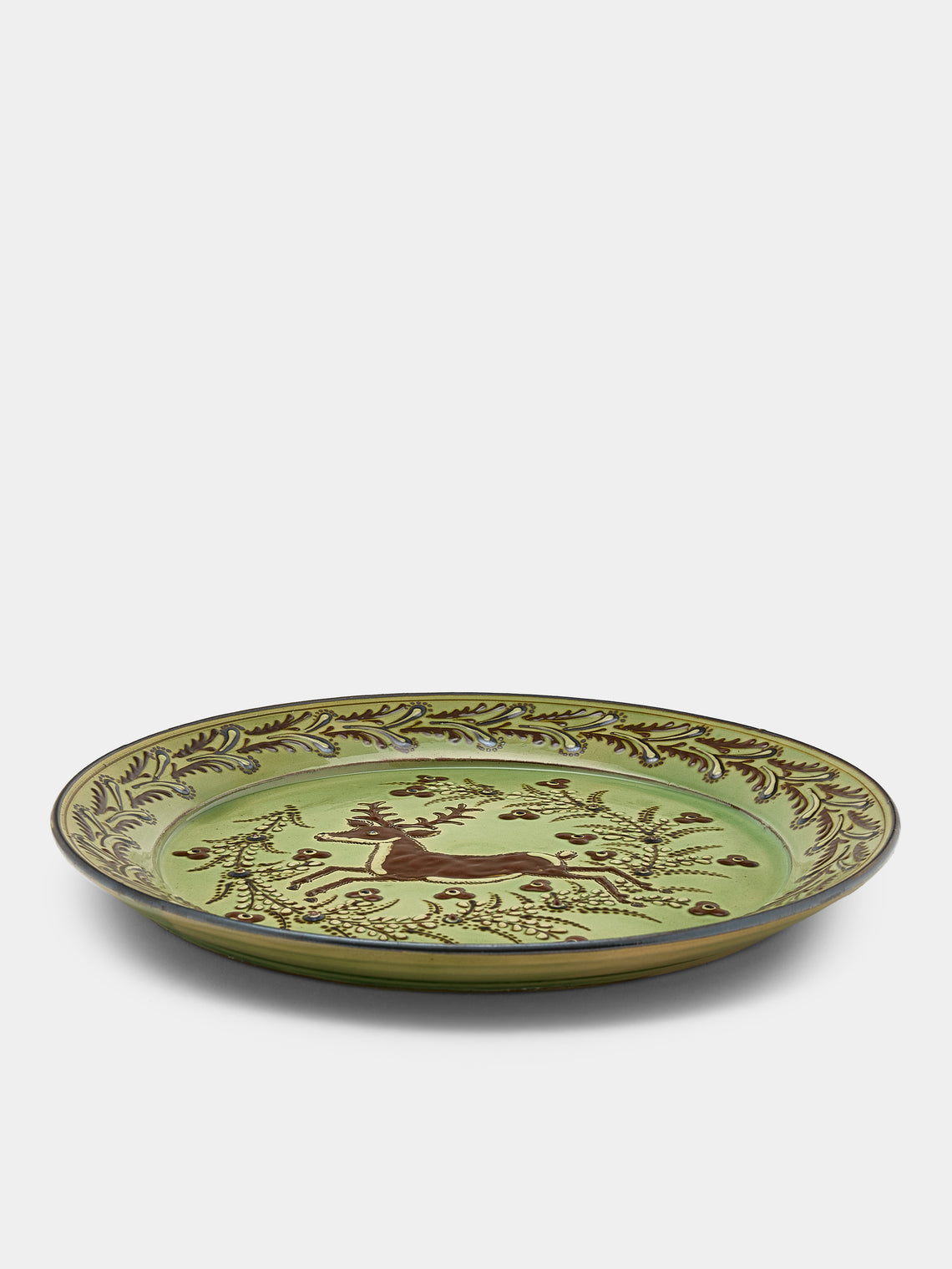 Poterie d’Évires - Deer Hand-Painted Ceramic Round Platter - Green - ABASK