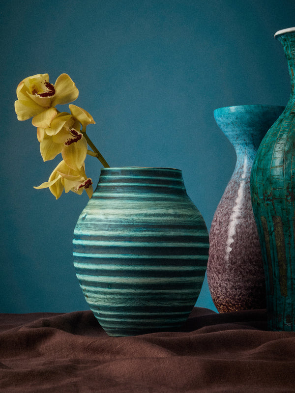 Antique and Vintage - 1950s Accolay Ribbed Vase - Blue - ABASK